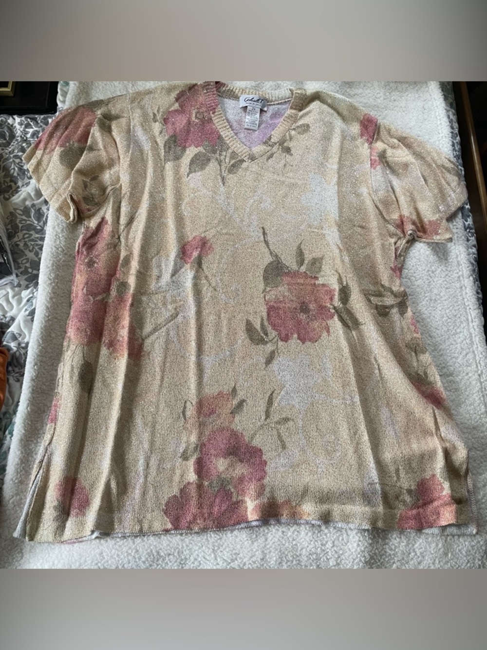 Gabriella T Vintage Made in Italy Beige Gold Pink Floral Knit Top Size 2X